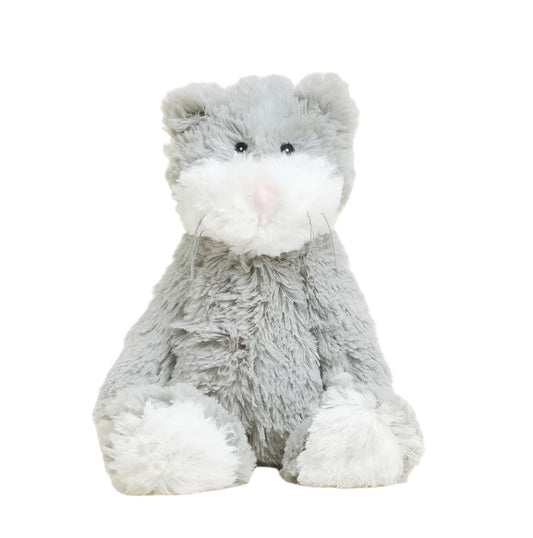 Gray and white plush cat toy with soft fur, whiskers, and black eyes