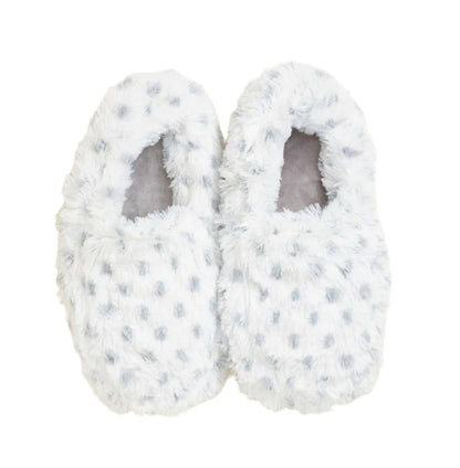 Fuzzy slipper pair in white with light blue dotted pattern and open toe