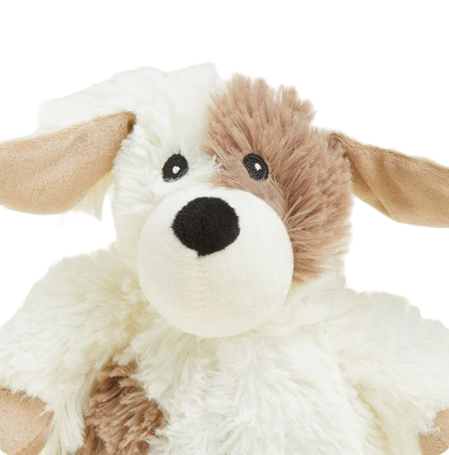White and brown puppy plush toy with black nose and bright eyes