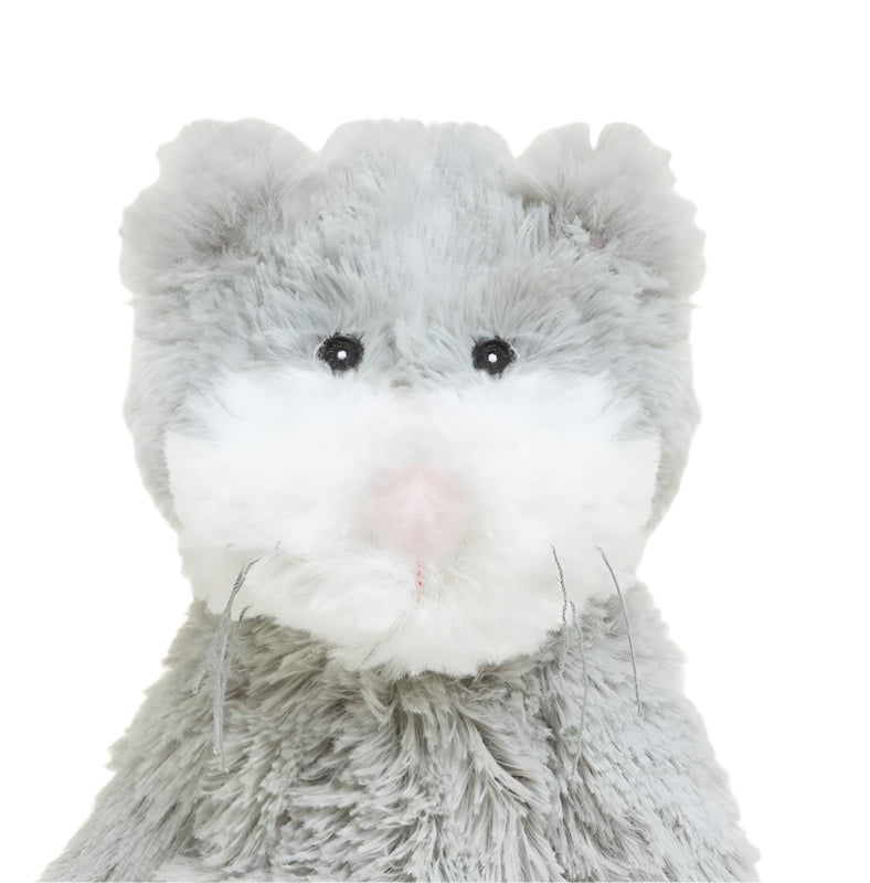 Gray plush cat face with white muzzle, black eyes, and whiskers