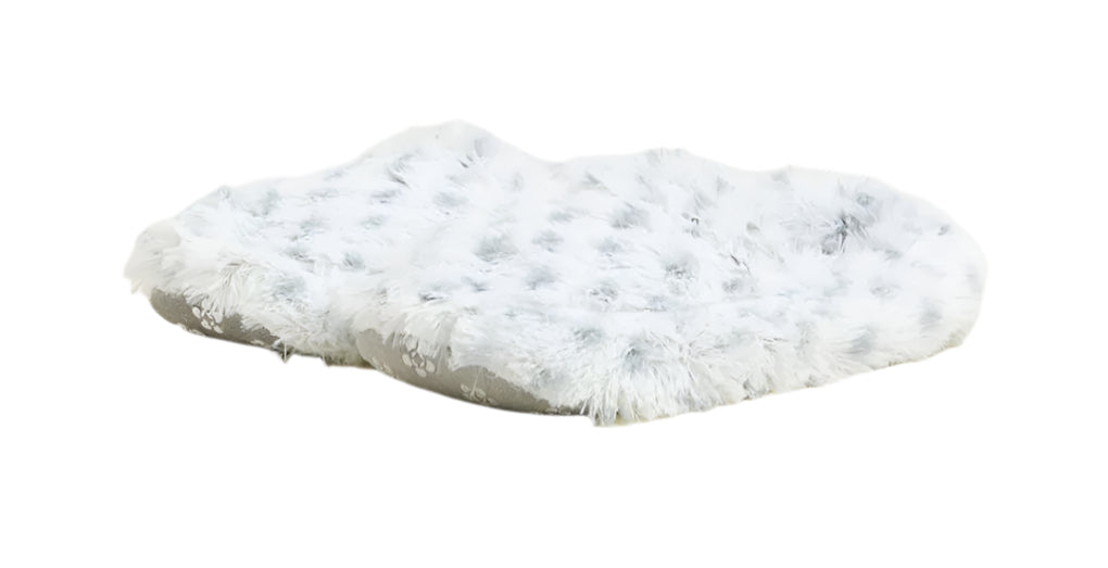 White fuzzy slipper with light blue dotted pattern and low heel