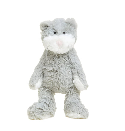 Gray plush cat toy with white muzzle and paws, full-body front view