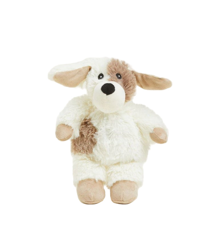 White and brown puppy plush toy with front paws and floppy ears
