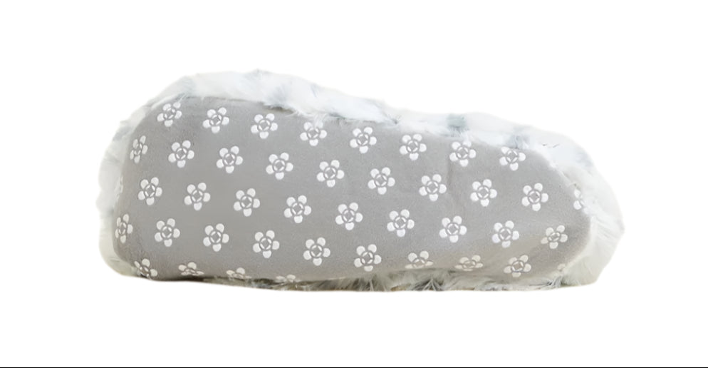 Fuzzy slippers with dark gray fabric and white paw-print pattern with plush trim