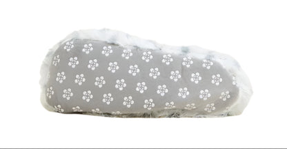 Fuzzy slippers with dark gray fabric and white paw-print pattern with plush trim