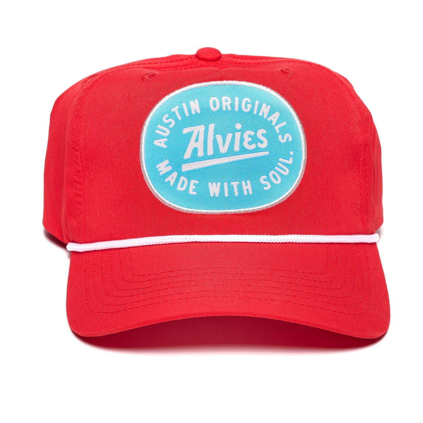 Red snapback hat with round blue logo patch and white brim edge trim.