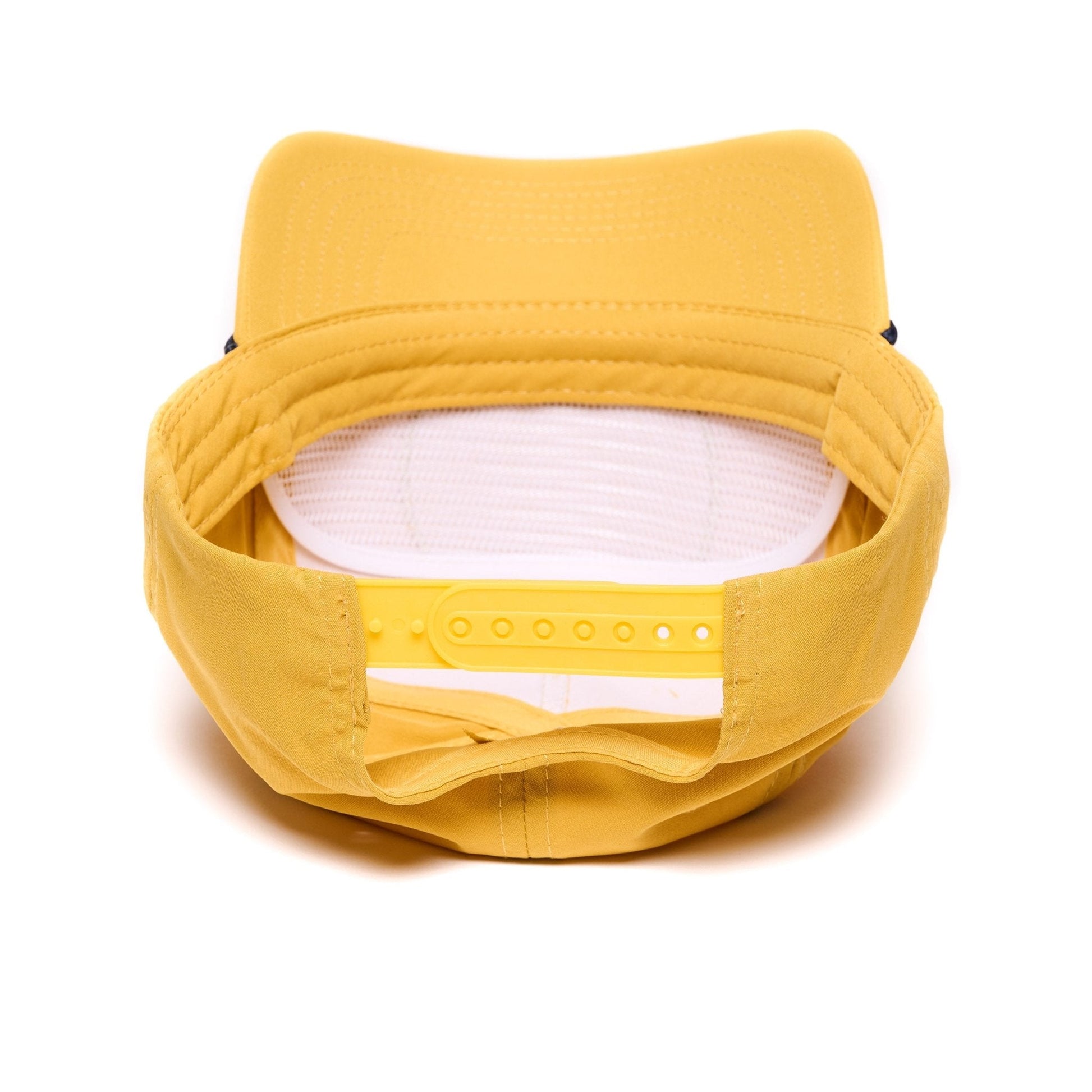 Yellow snapback hat with interior mesh showing; adjustable band is visible.