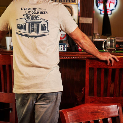 Light gray t-shirt with blue 'Live Music N' Cold Beer' front graphic, short sleeves.