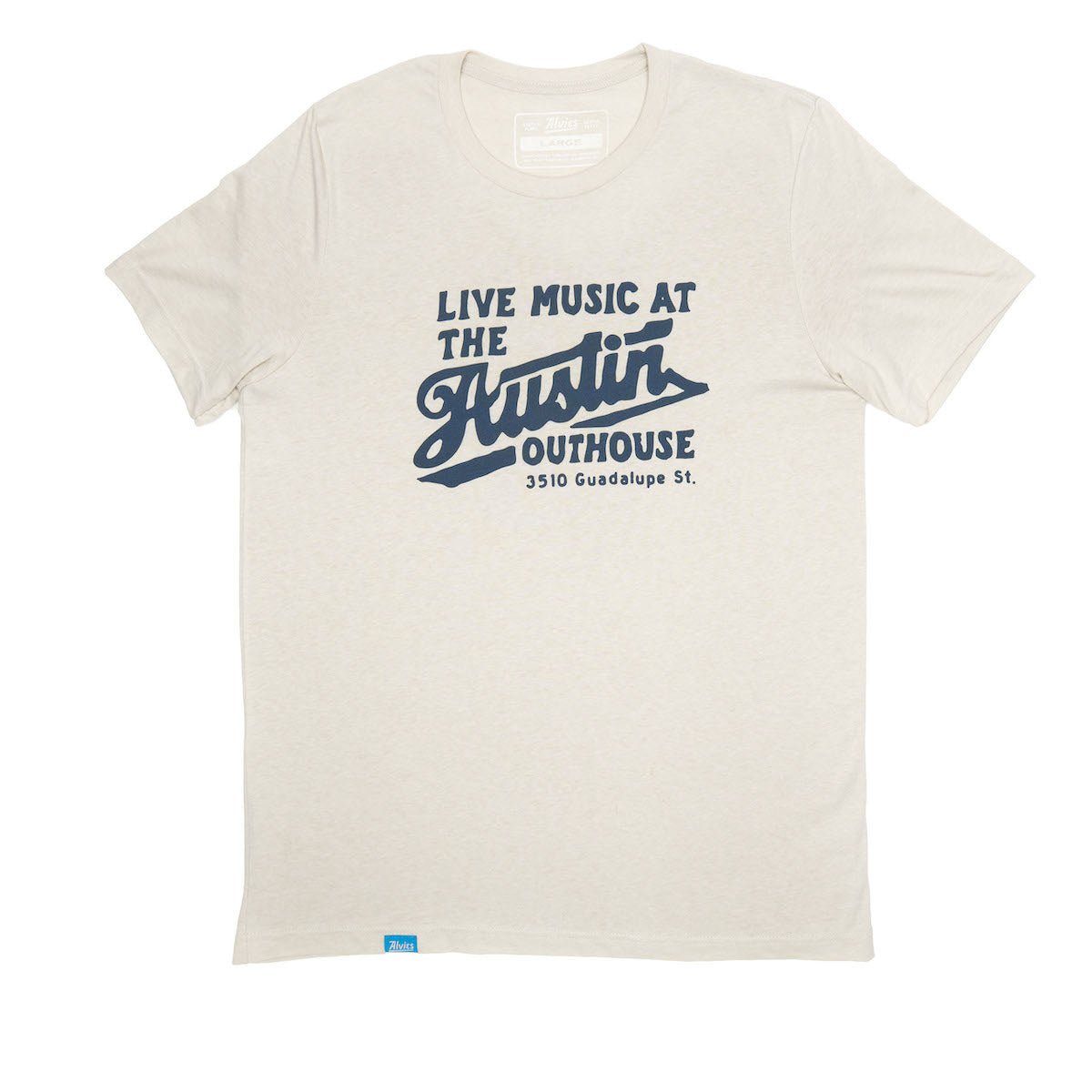 Austin Outhouse light gray t-shirt with blue 'Live Music at the' front graphic.
