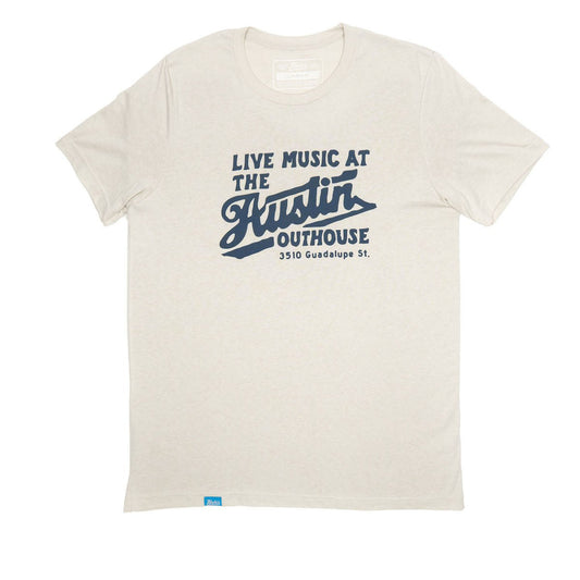 Austin Outhouse light gray t-shirt with blue 'Live Music at the' front graphic.