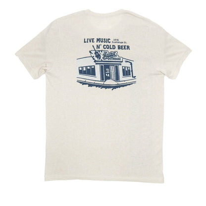 Light gray t-shirt with blue 'Live Music N' Cold Beer' building graphic.