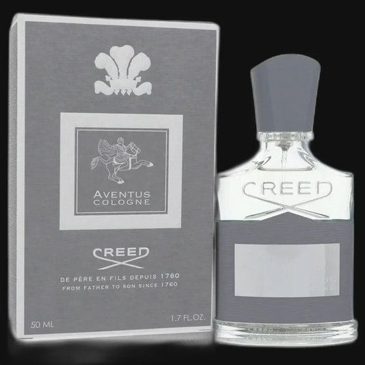 Men's cologne bottle with Creed logo and dark cap, with grey Aventus box, 50 ml.