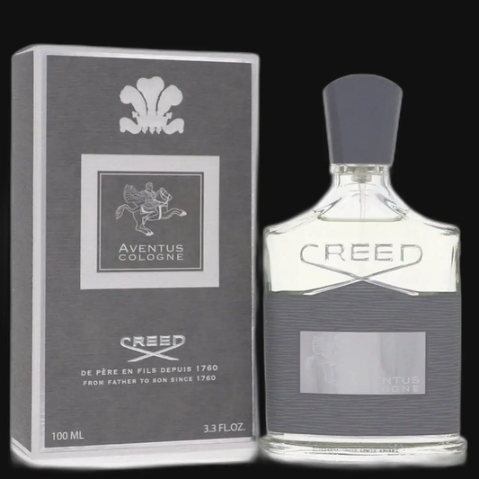 Men's cologne bottle with Creed logo and dark cap, with grey Aventus box, 100 ml.