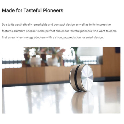 Silver bone-conducting speaker on tabletop with rounded top and base