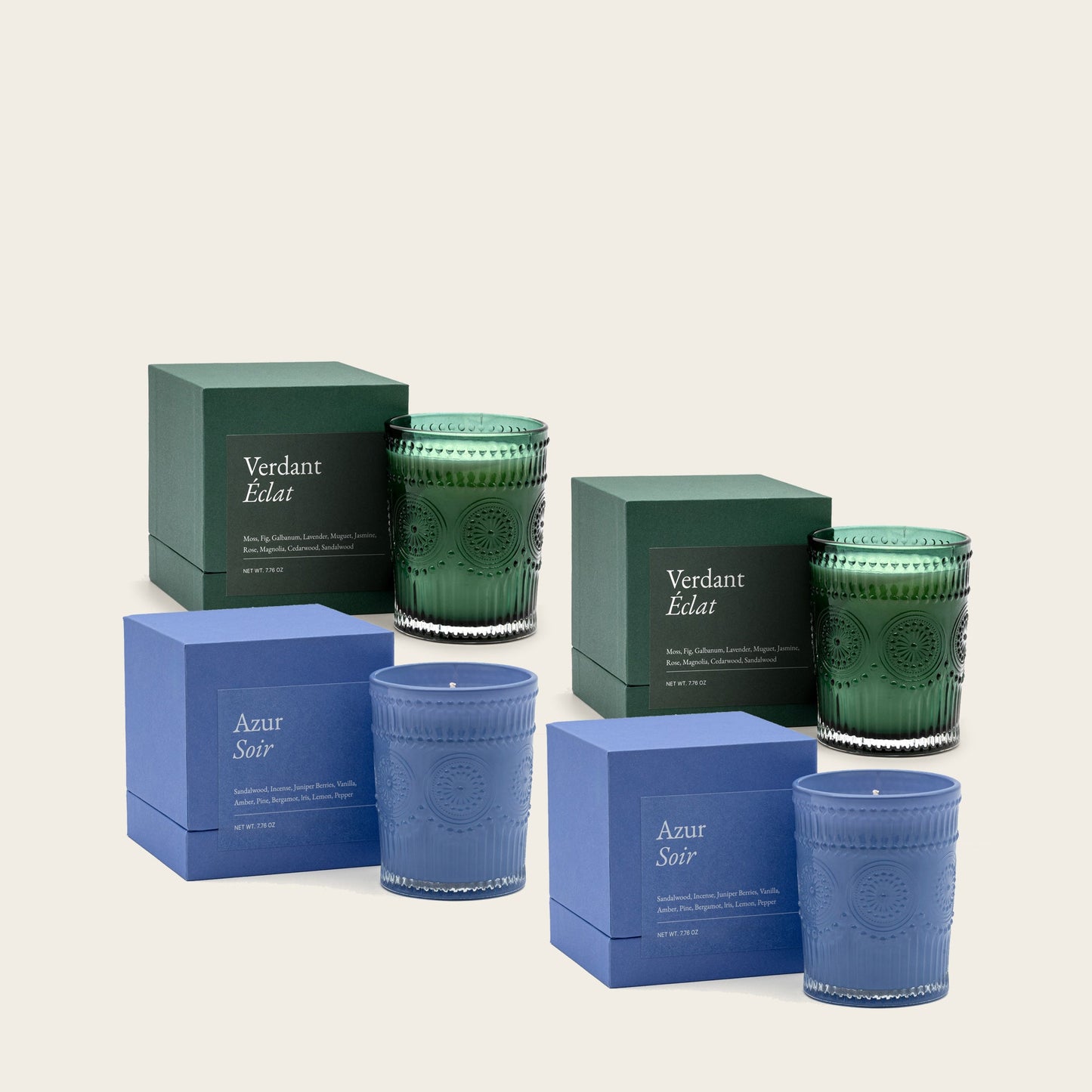 Scented candle set with green and blue gift boxes and glass candle jars