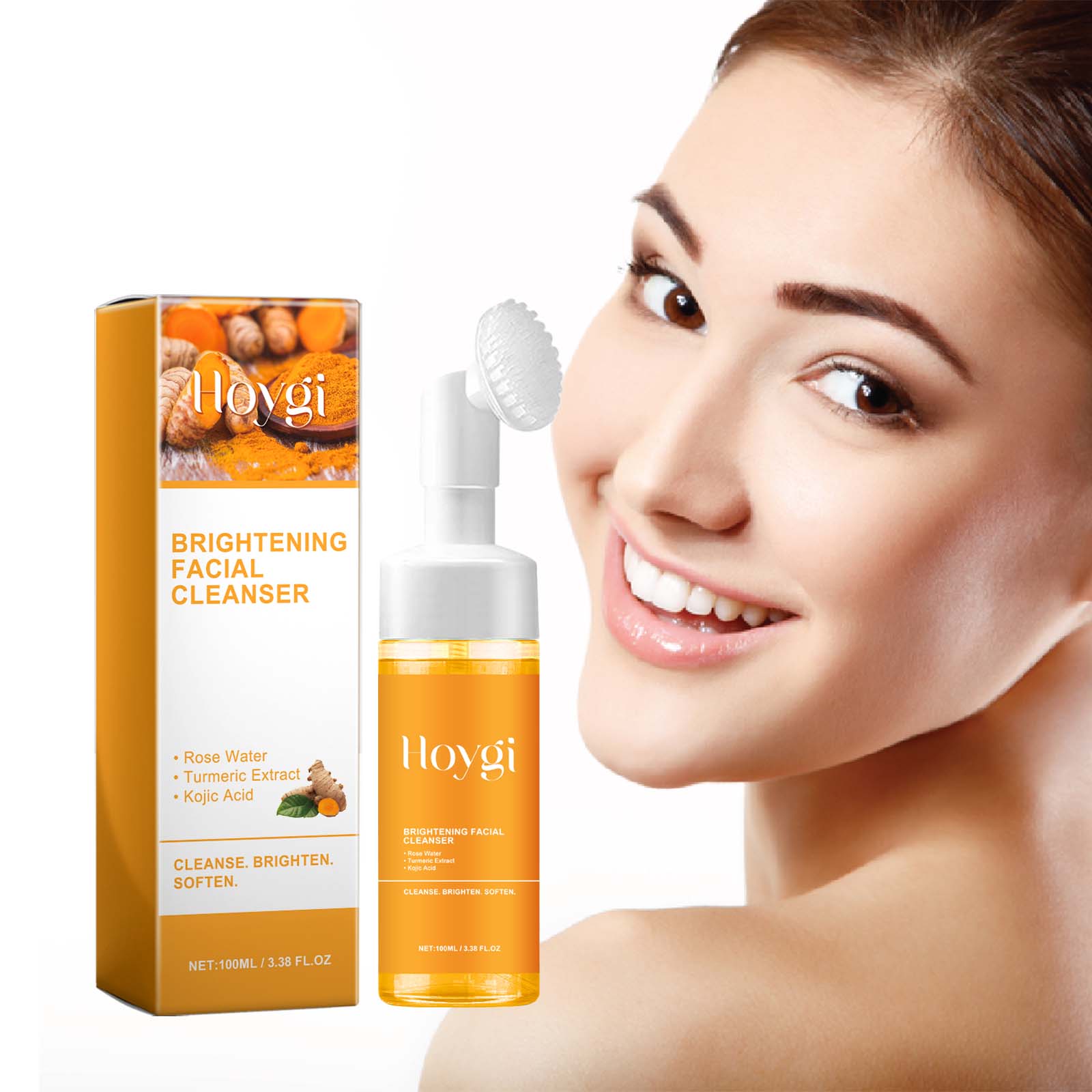 Orange facial cleanser bottle with white pump and brightening box