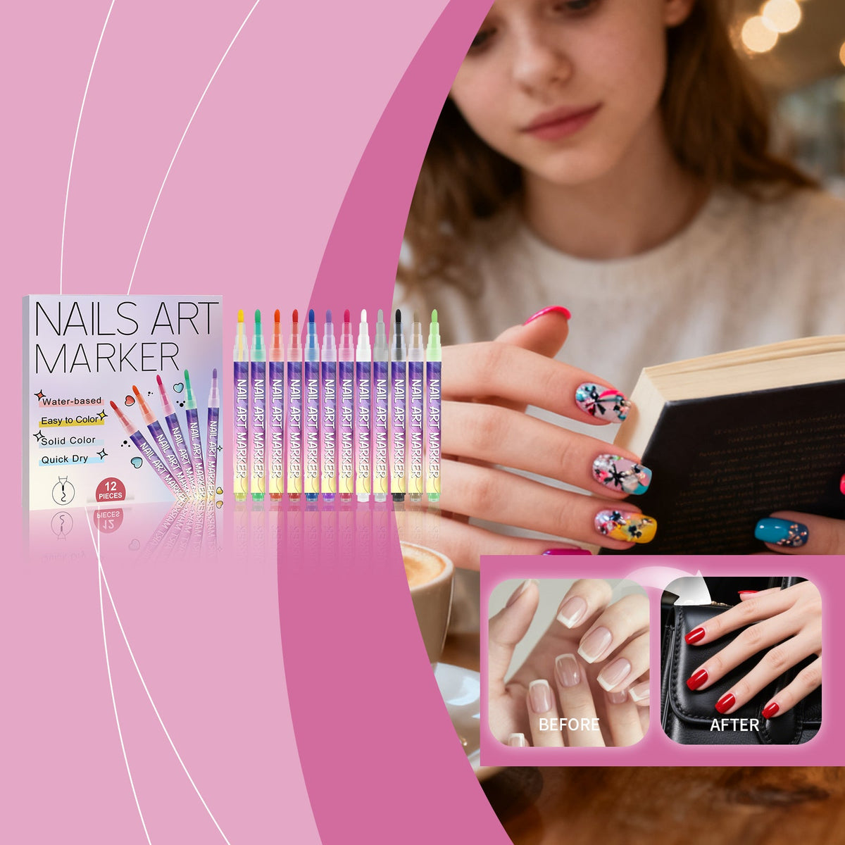 Nail art marker set with colorful pens, shown creating detailed fingernail designs