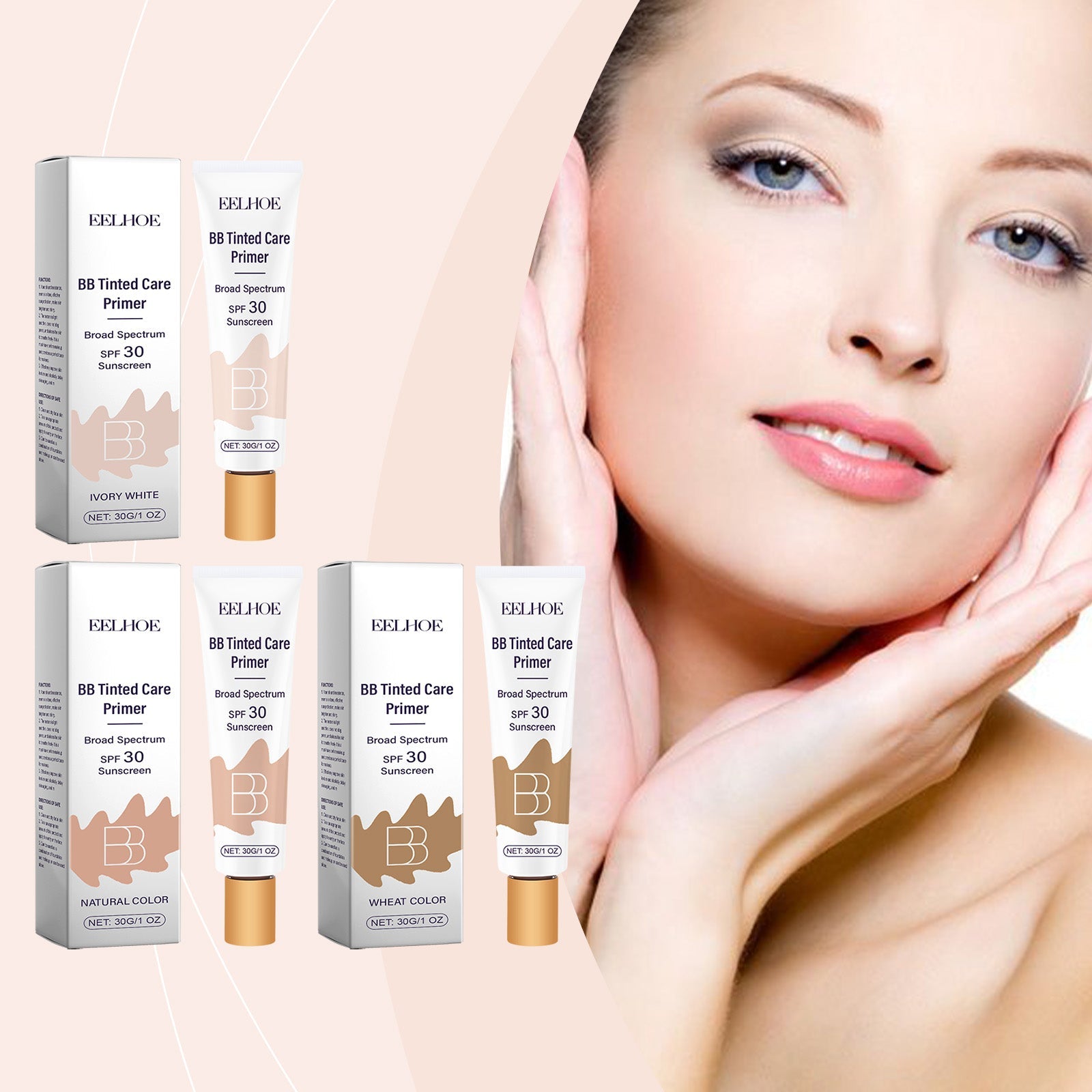 Sunscreen BB cream tube and boxes, Ivory White shade, SPF 30