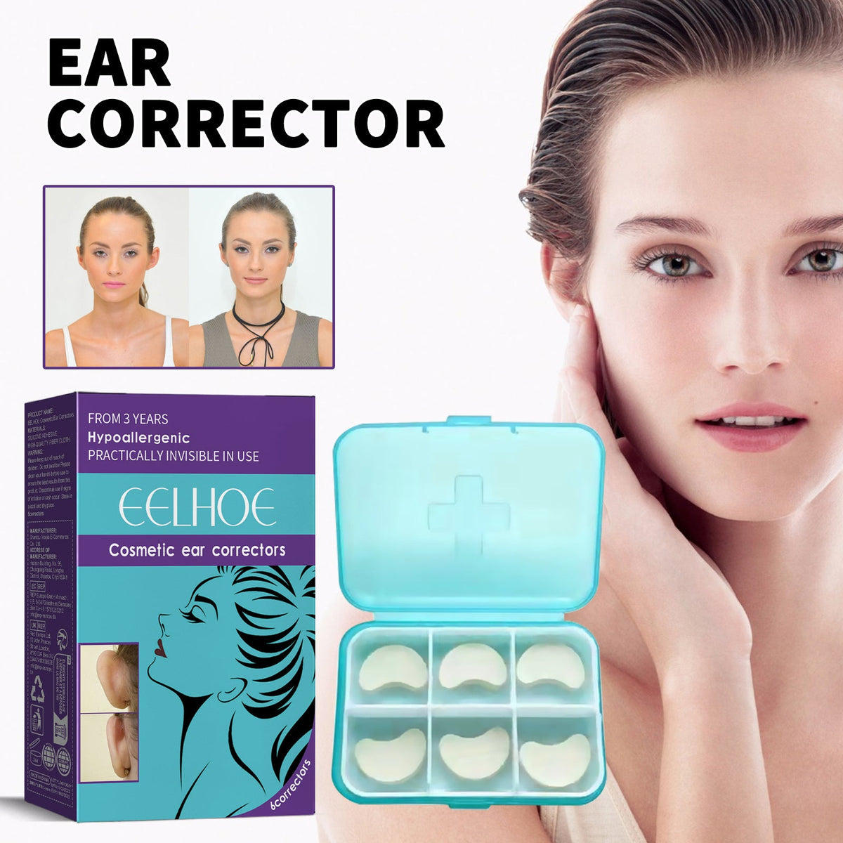 Cosmetic ear corrector stickers set with open teal case and white adhesive ear pads