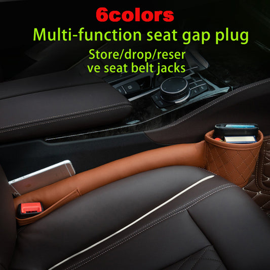 Car seat gap filler in brown leather, long strip with cup holder end