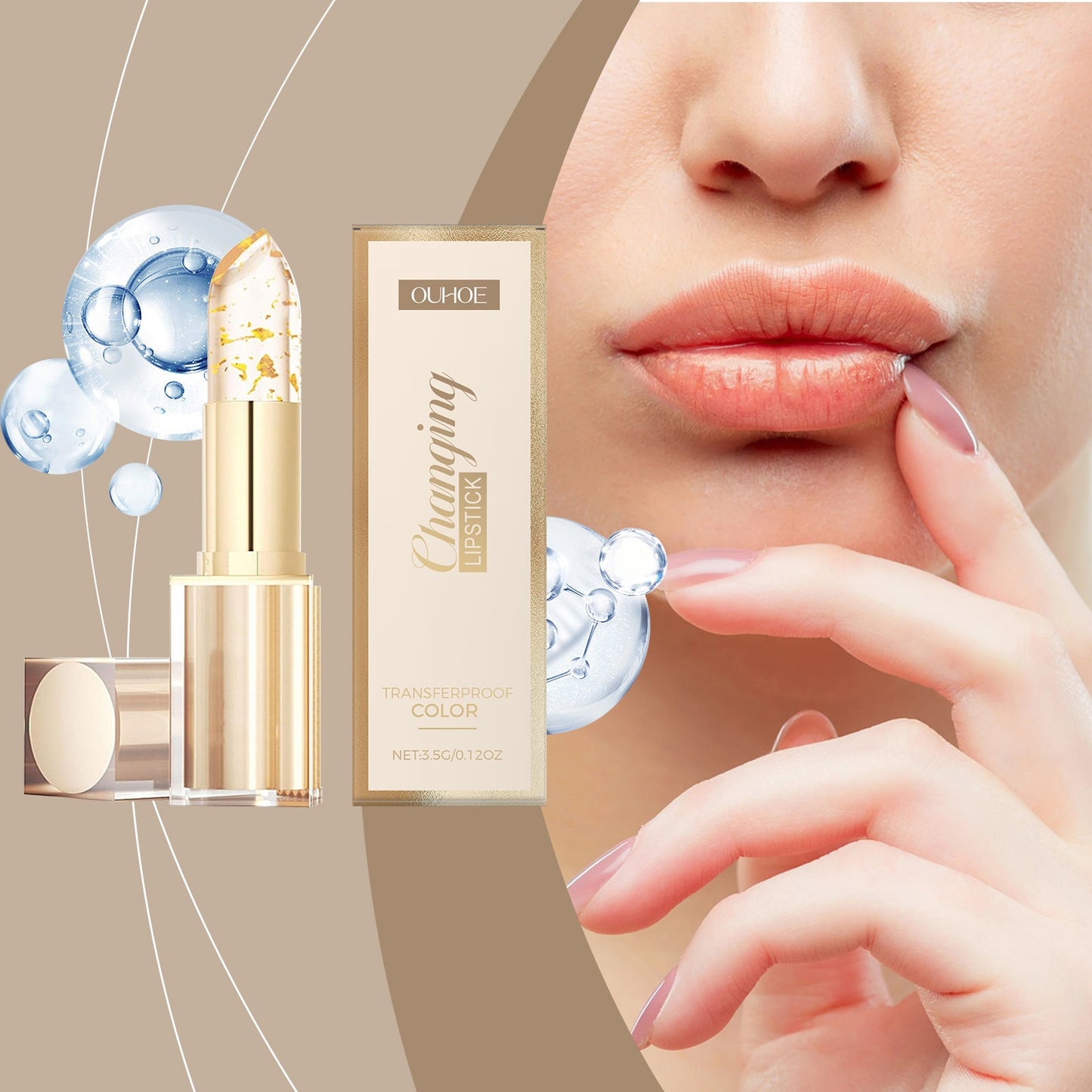 Gold color-changing nourishing lipstick; hand applies coral-pink lip color