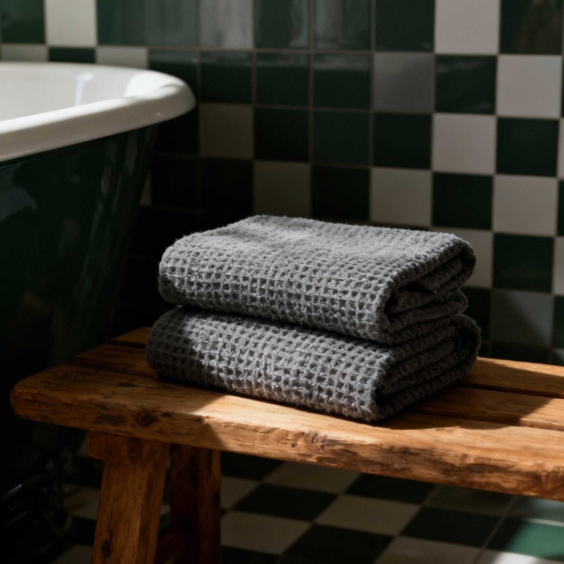 Charcoal waffle cotton towels, folded stack of 2