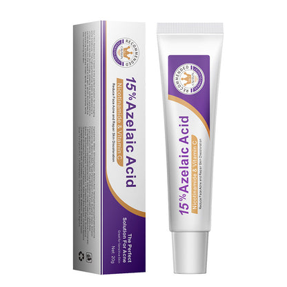 Azelaic acid serum tube with box, 15% azelaic acid, white and purple packaging