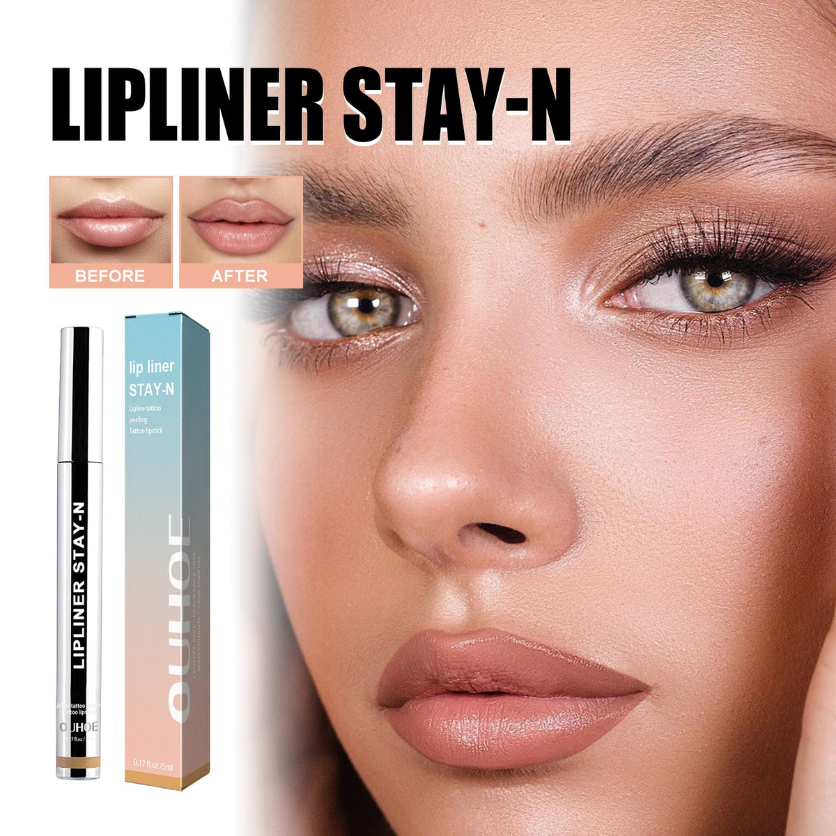 Peel-off lip liner in light brown, with applicator stick and box beside model lips