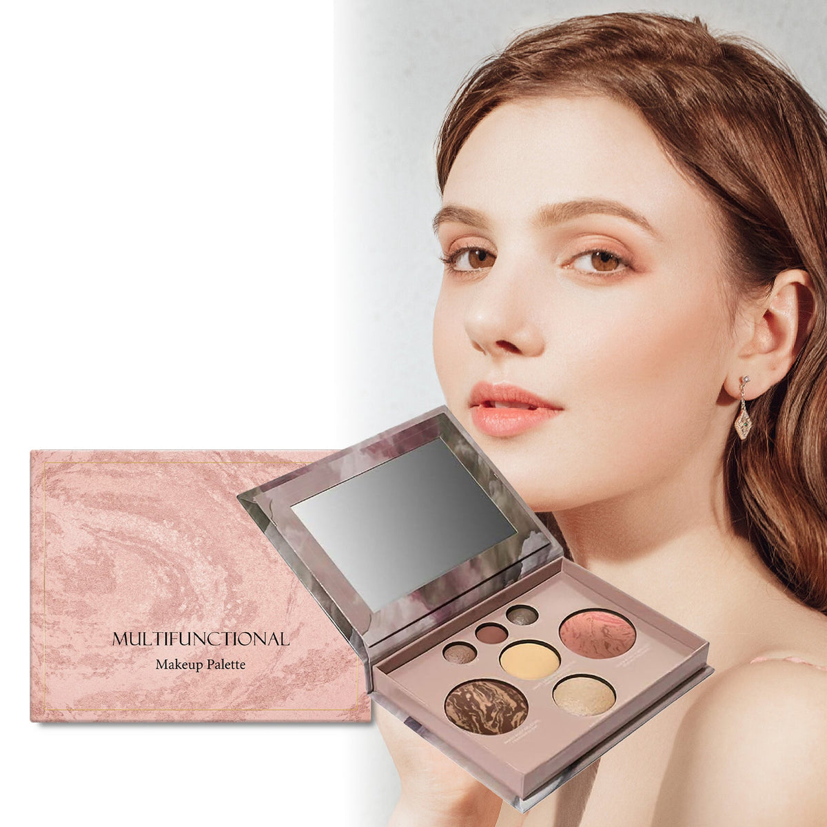 Open makeup palette with mirror and six pressed powder shades in beige tones