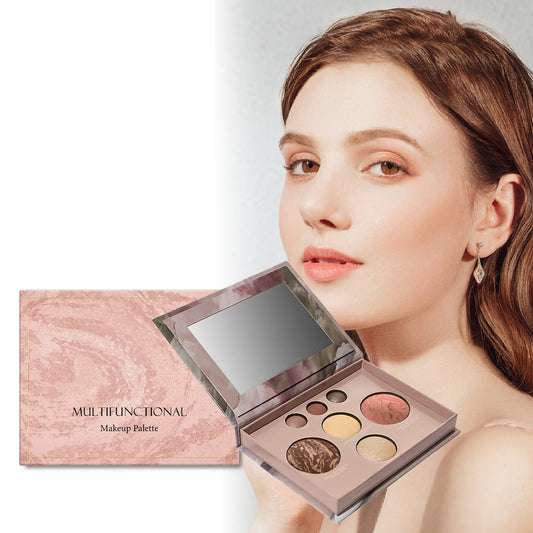 Open makeup palette with mirror and six pressed powder shades in beige tones