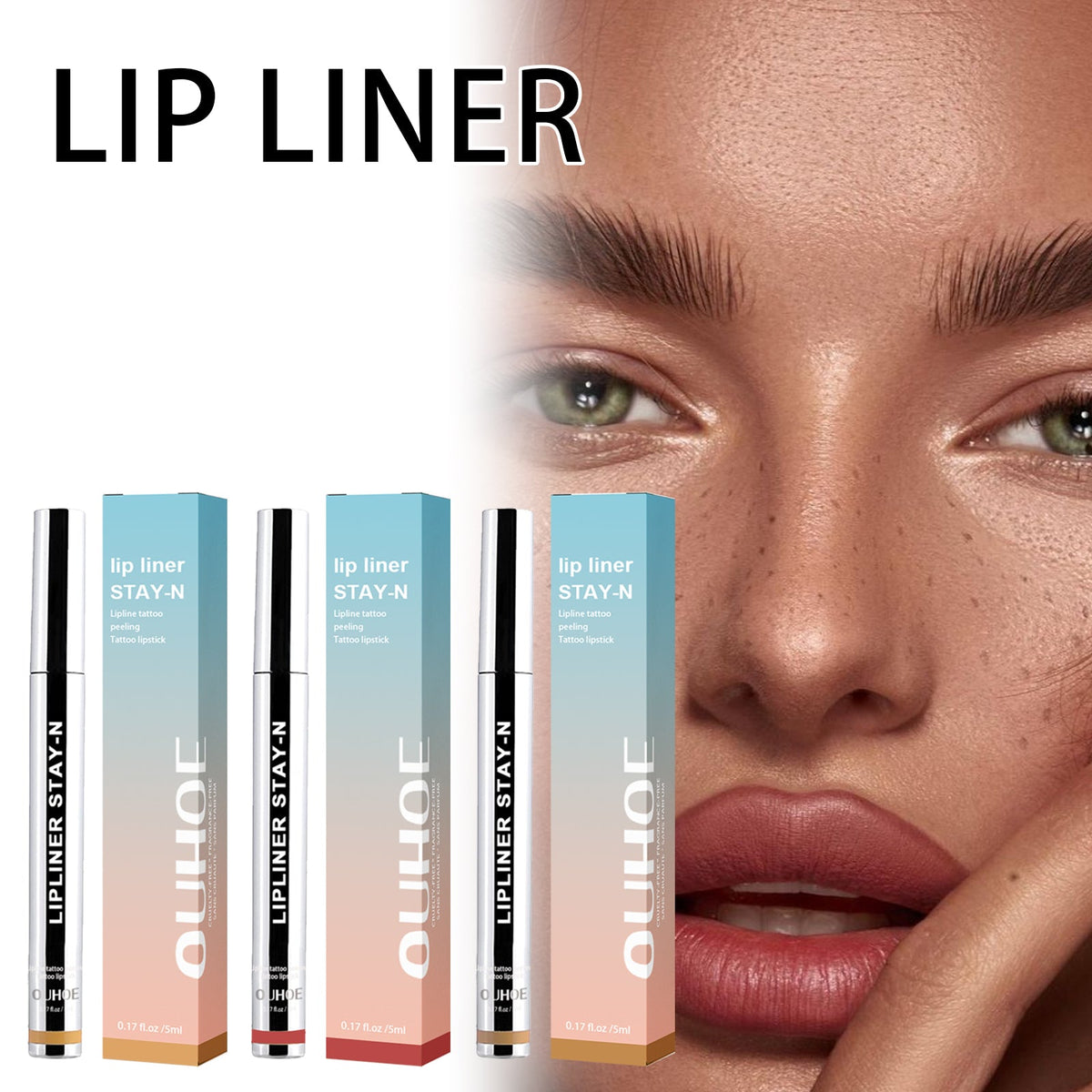 Peel-off lip liner tubes set, upright packaging, close view, 5ml