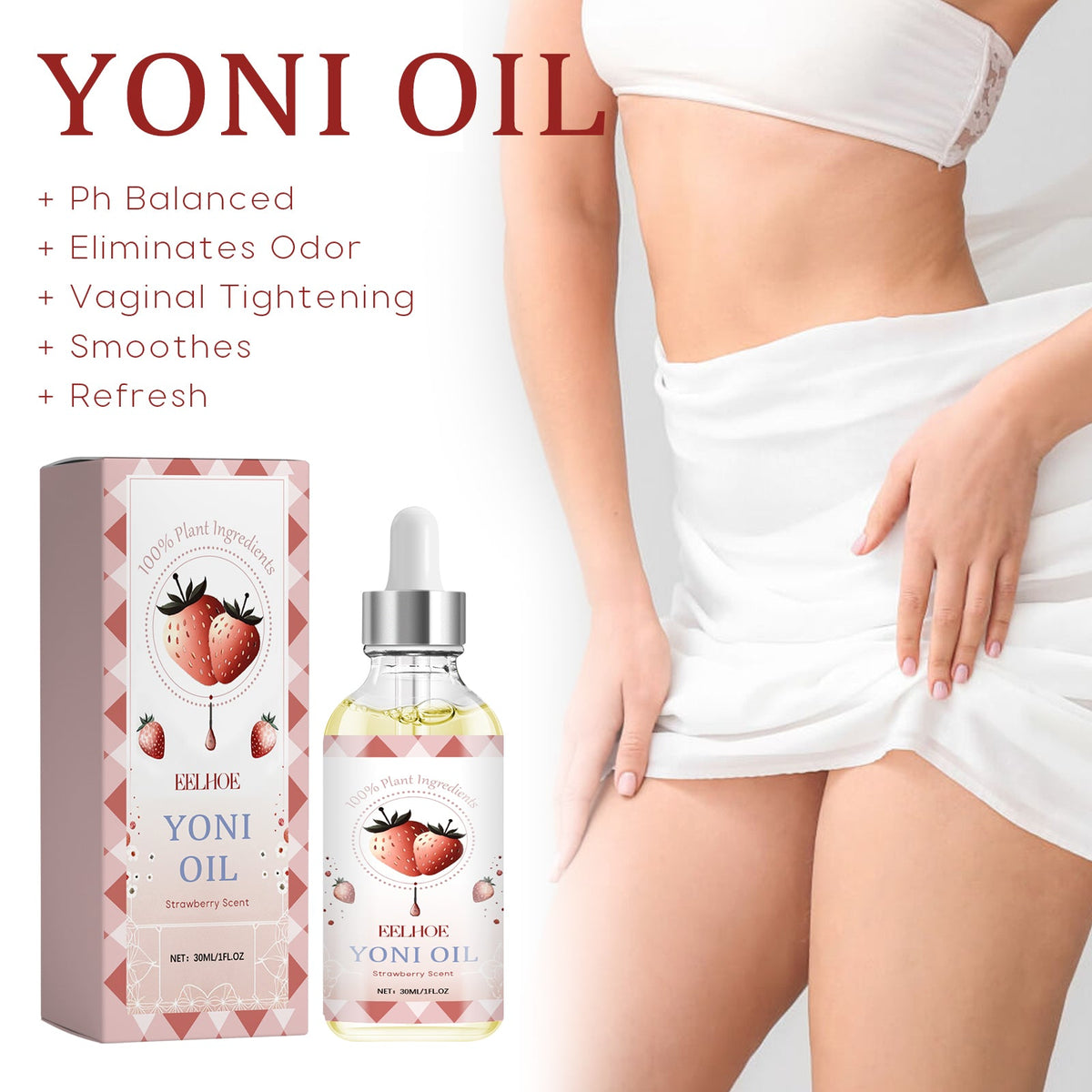 Intimate essential oil bottle with dropper and box next to torso in shorts