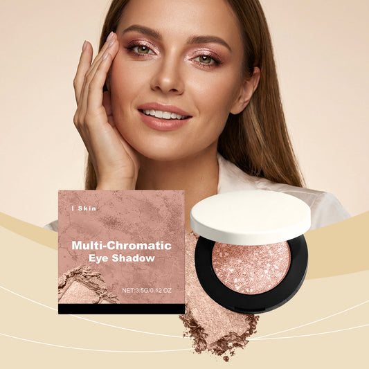 3D multi-chromatic eye shadow compact with rose-gold shimmer pan, beige top lid