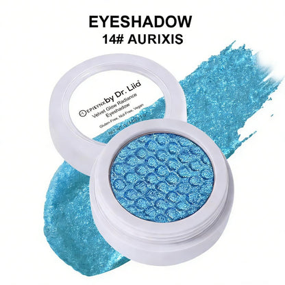 Eyeshadow compact with blue shimmer pan and matching swatch