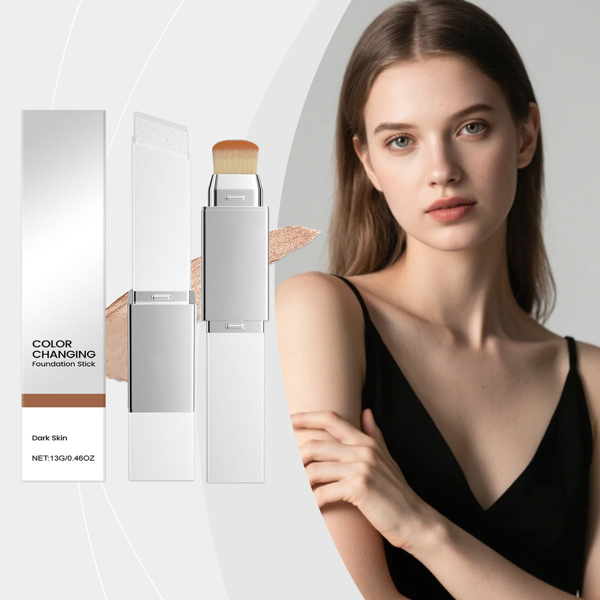 Color-changing foundation stick with brush tip and product boxes, shown on model with makeup.