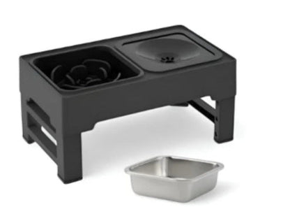Elevated dog bowl stand with dark top and one stainless feeding bowl, adjustable legs