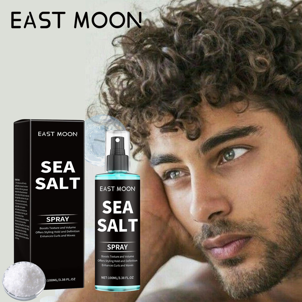 EAST MOON Sea Salt spray bottle and black carton, pump dispenser