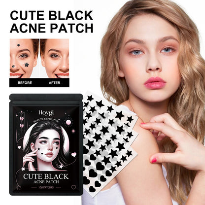 Black acne patch sheets near a woman’s face with patches ready to apply
