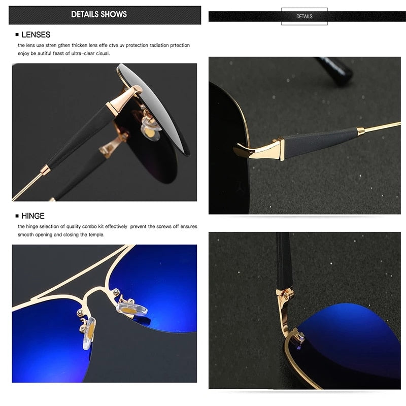 Sunglasses hinge and lens frame detail in gold tone