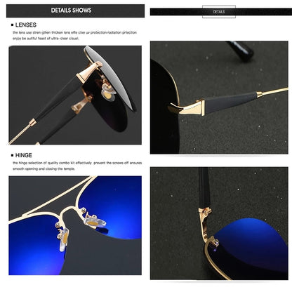 Sunglasses hinge and lens frame detail in gold tone