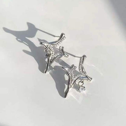 Silver rhinestone star cross earrings pair with small loop hooks