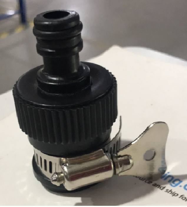 Black garden hose connector adapter with metal quick-connect piece