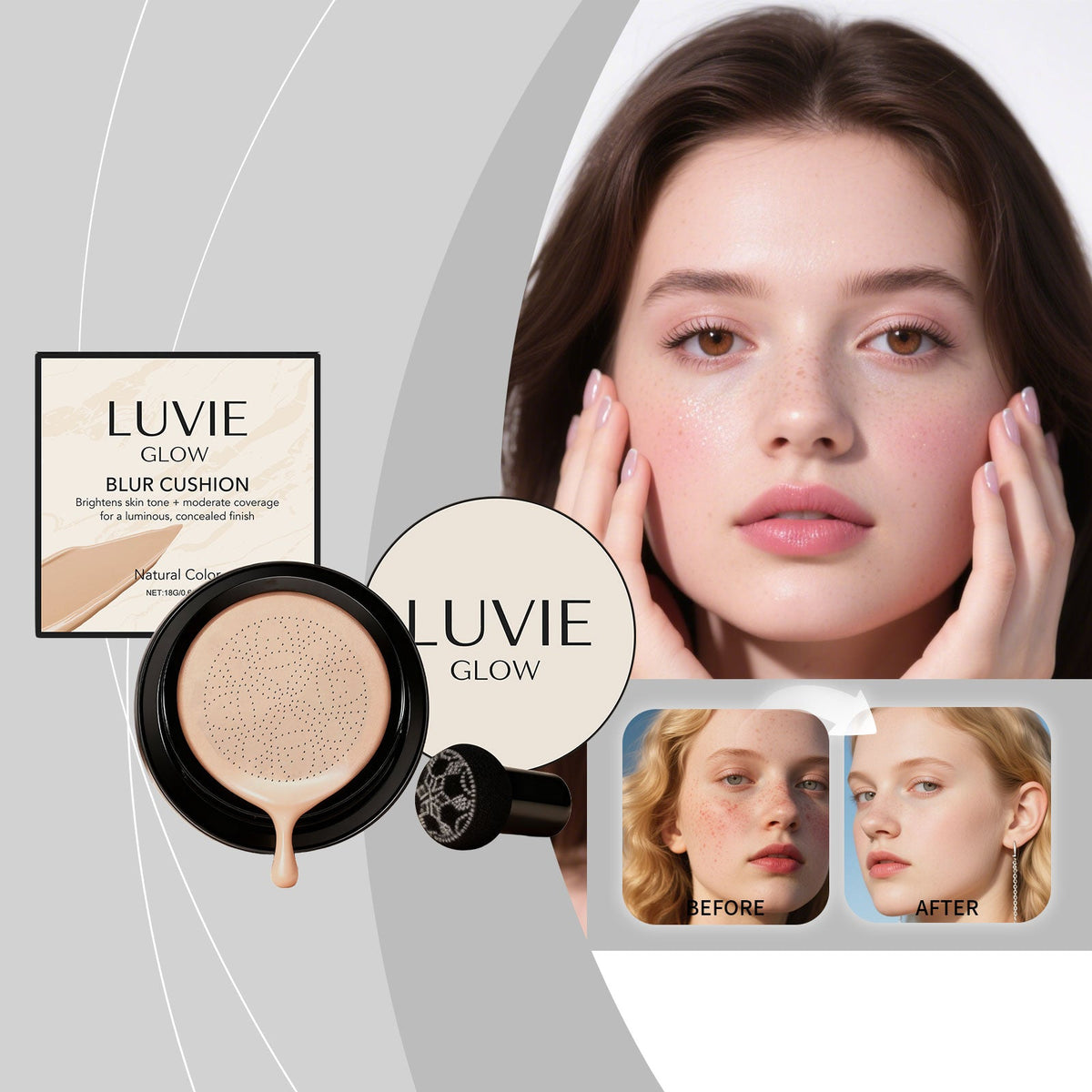 Blur cushion foundation compact in natural color shade beside face close-up