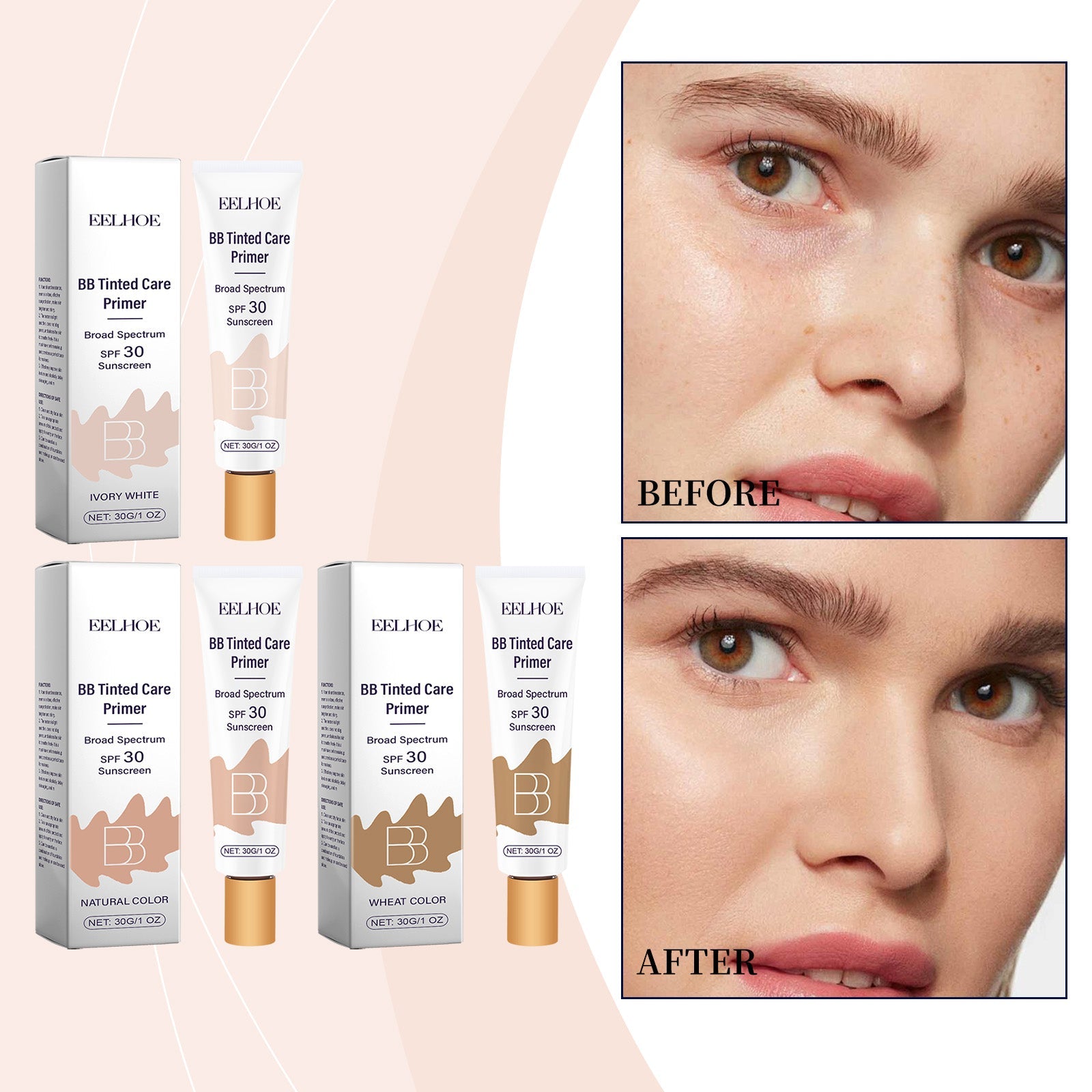 Sunscreen BB cream set with tubes and before/after face panels, SPF 30