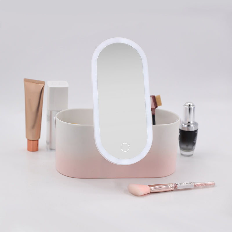 Pink and white makeup organizer box with arched handle lid and open interior