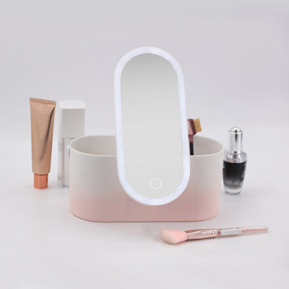 Pink and white makeup organizer box with arched handle lid and open interior