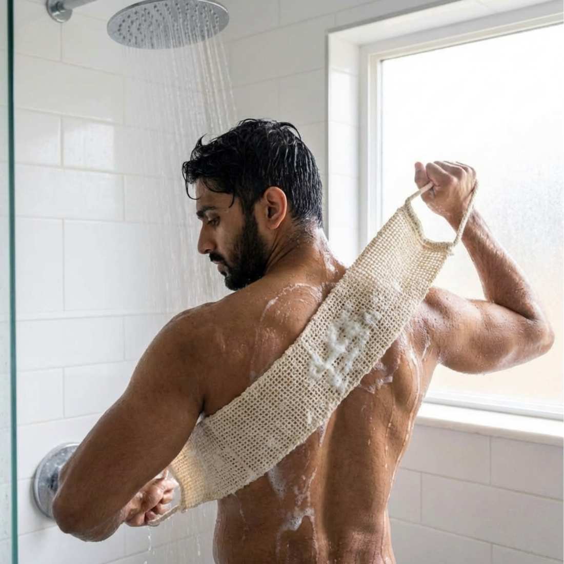 Beige mesh back scrubber belt stretched over shoulders