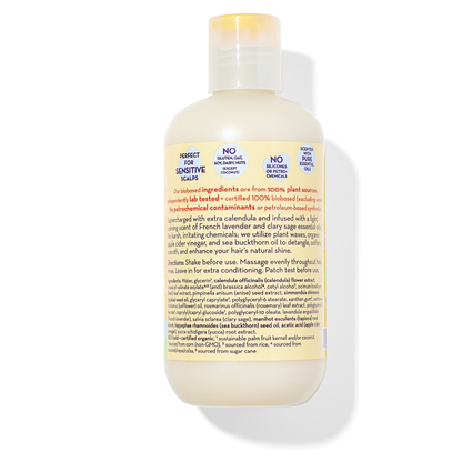 Hair conditioner bottle with clear pump; back panel with ingredient text