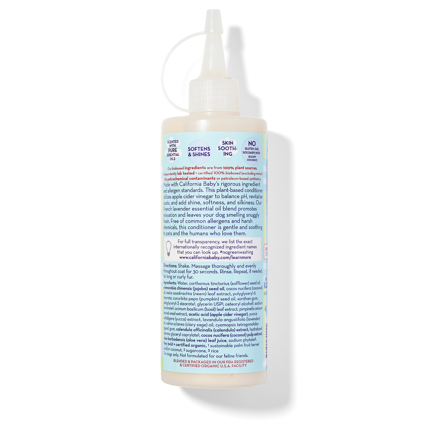 Calming™ Puppy + Dog Conditioner bottle back label with ingredient text