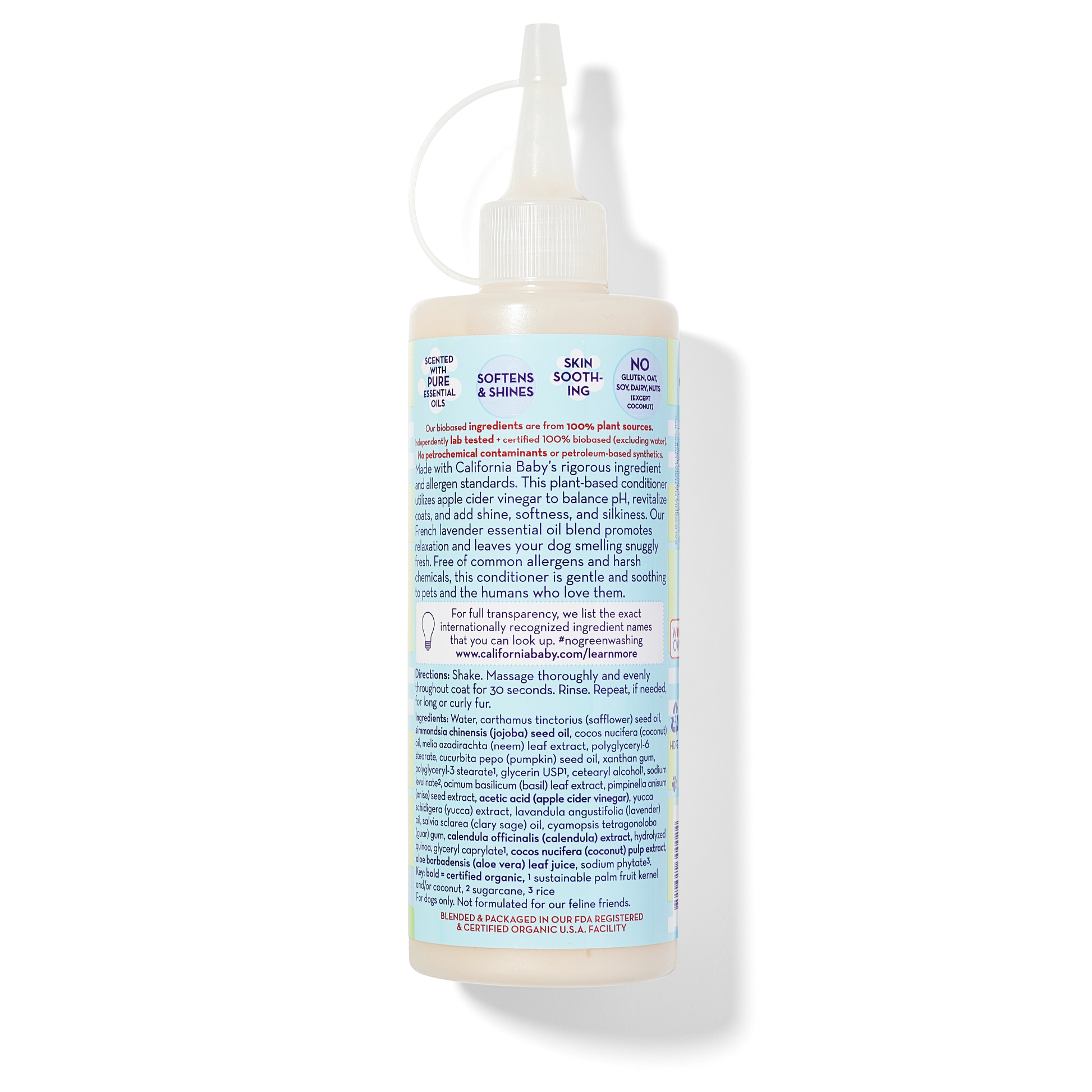 Calming™ Puppy + Dog Conditioner bottle back label with ingredient text